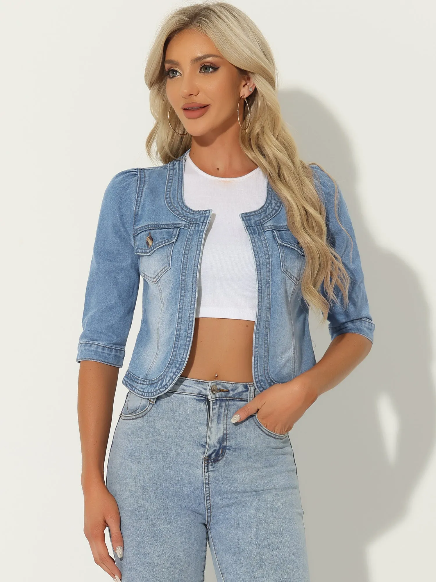 Denim Collarless Pockets 3/4 Sleeve Feminine Style Jacket