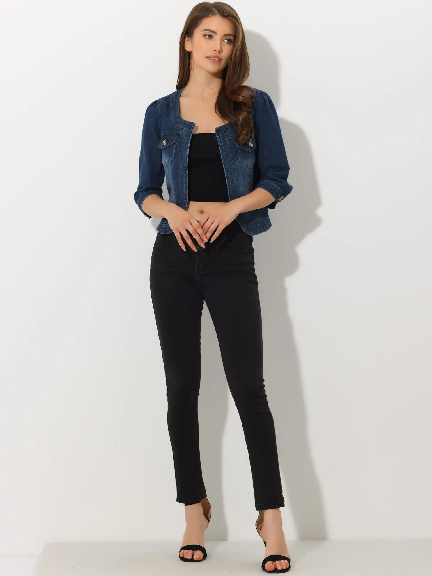 Denim Collarless Pockets 3/4 Sleeve Feminine Style Jacket