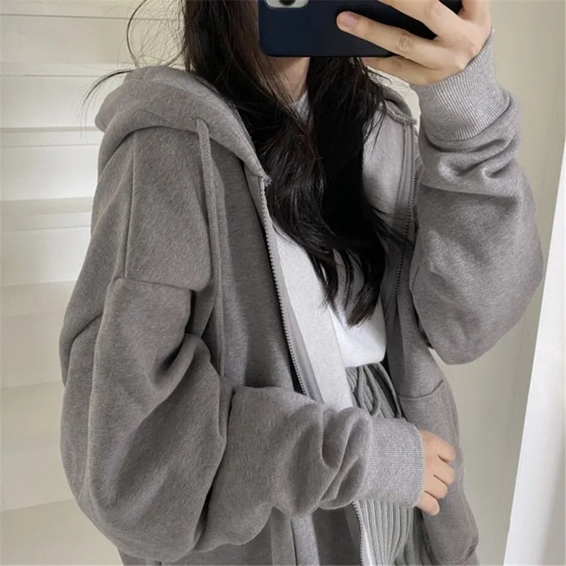 Fashionkova  Women Letter Embroidery Hoodies Autumn Winter Vintage Loose Zipper Jacket Coats Female Harajuku Y2k Hooded Sweatshirt Streetwear
