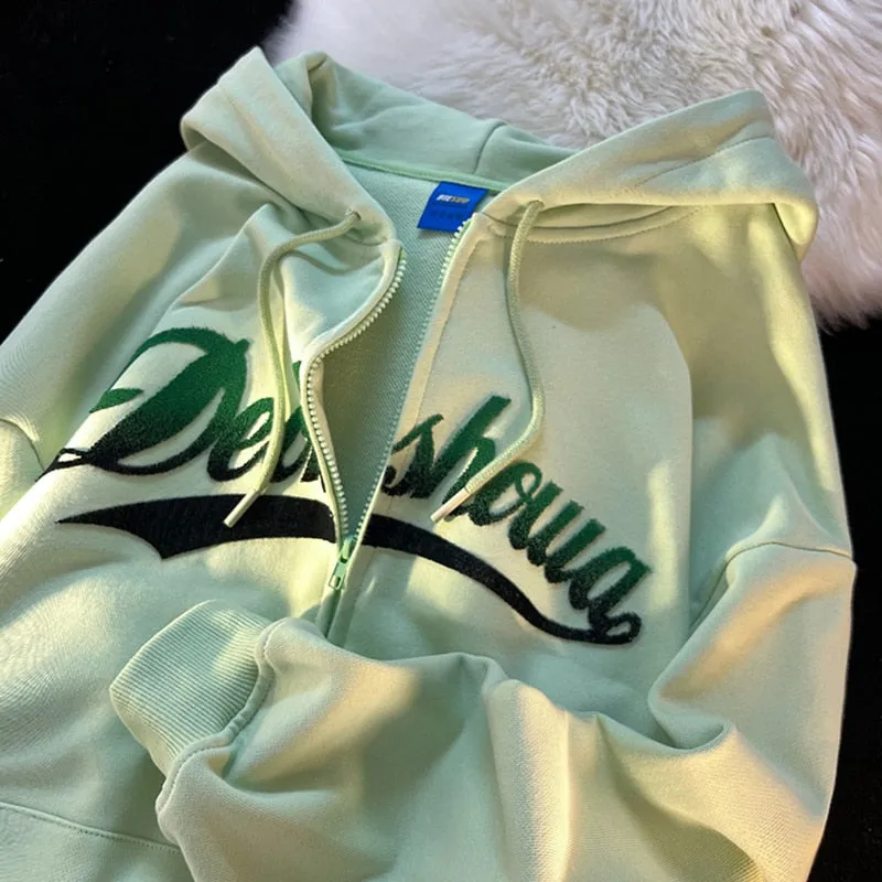Fashionkova  Women Letter Embroidery Hoodies Autumn Winter Vintage Loose Zipper Jacket Coats Female Harajuku Y2k Hooded Sweatshirt Streetwear