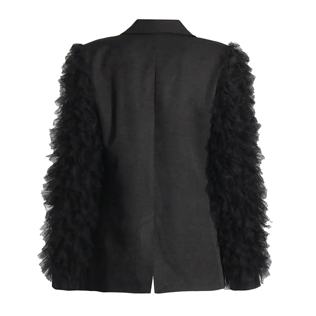 Feminine Lapel Single Breasted Shoulder Pad Long Sleeve Tulle Ruffle Blazer
