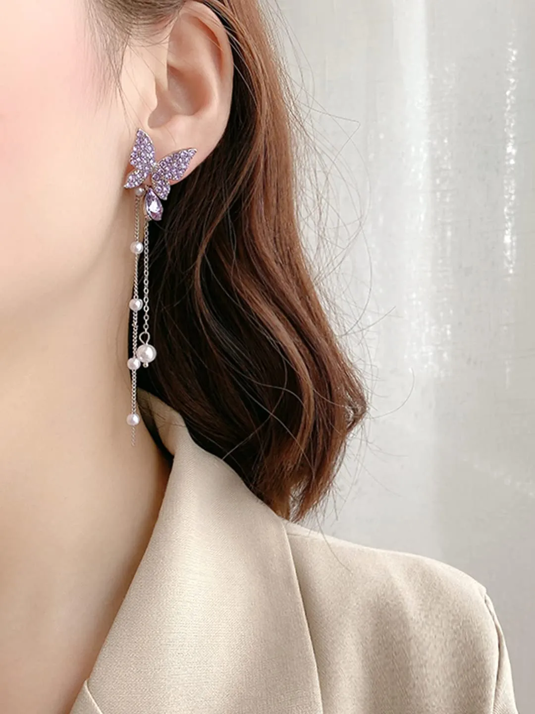 Kairangi Earrings For Women Silver Tone Purple Crystal Butterfly Lever Back Drop Earrings For Women and Girls
