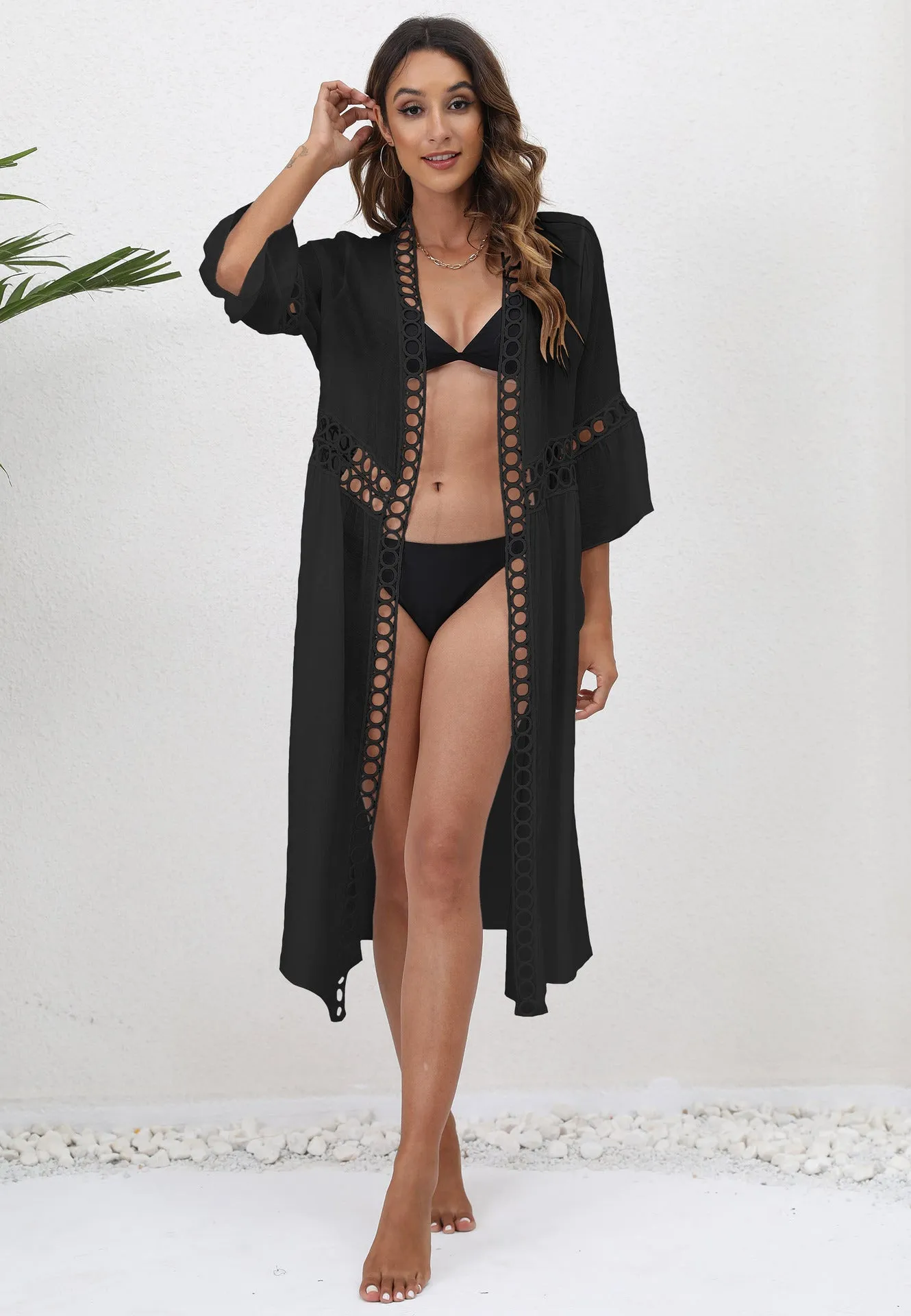 Loose 3/4 Flare Sleeve Lace Sun Protection Cardigan Bikini Cover-Up Wholesale Womens Tops