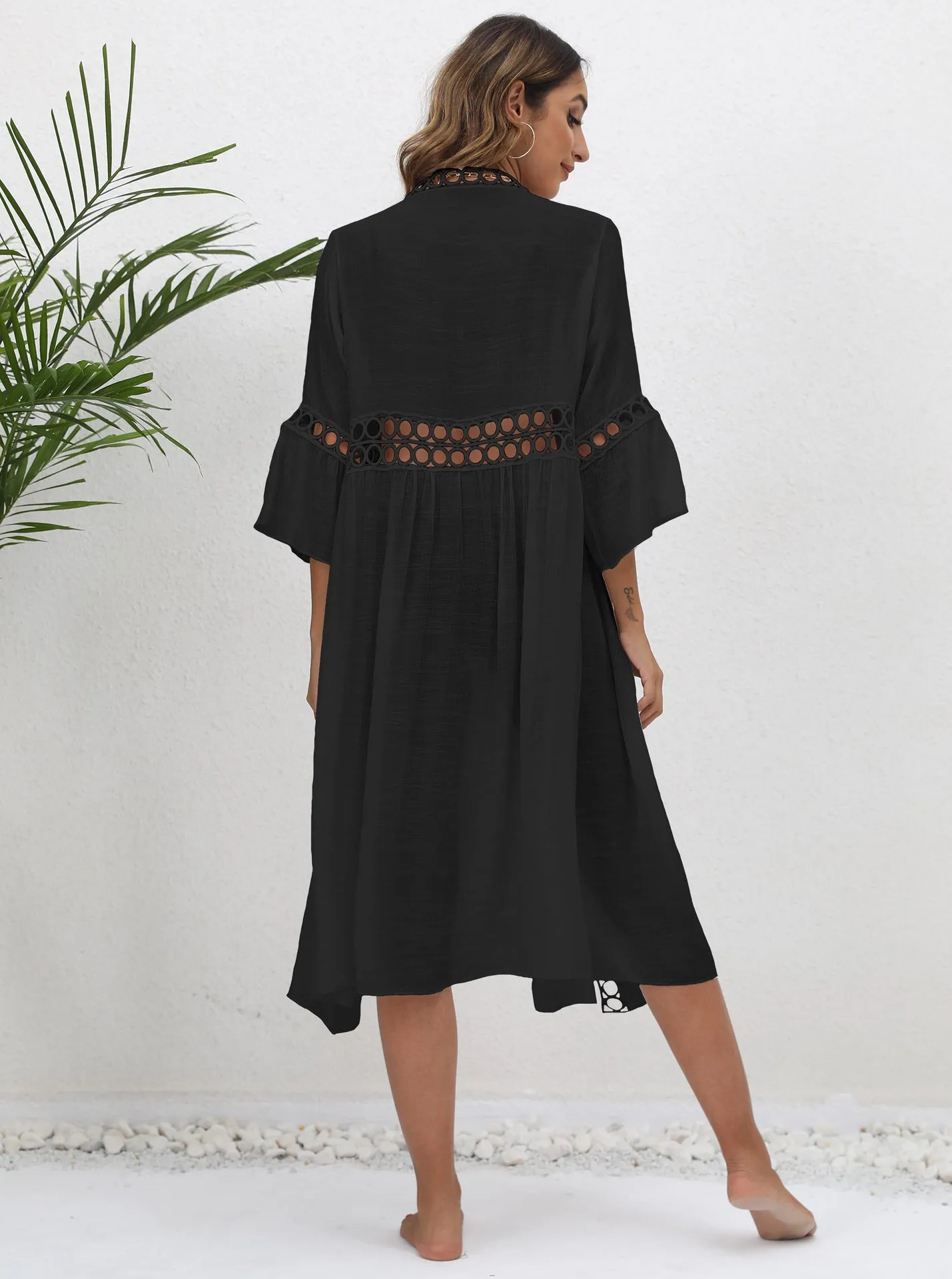 Loose 3/4 Flare Sleeve Lace Sun Protection Cardigan Bikini Cover-Up Wholesale Womens Tops