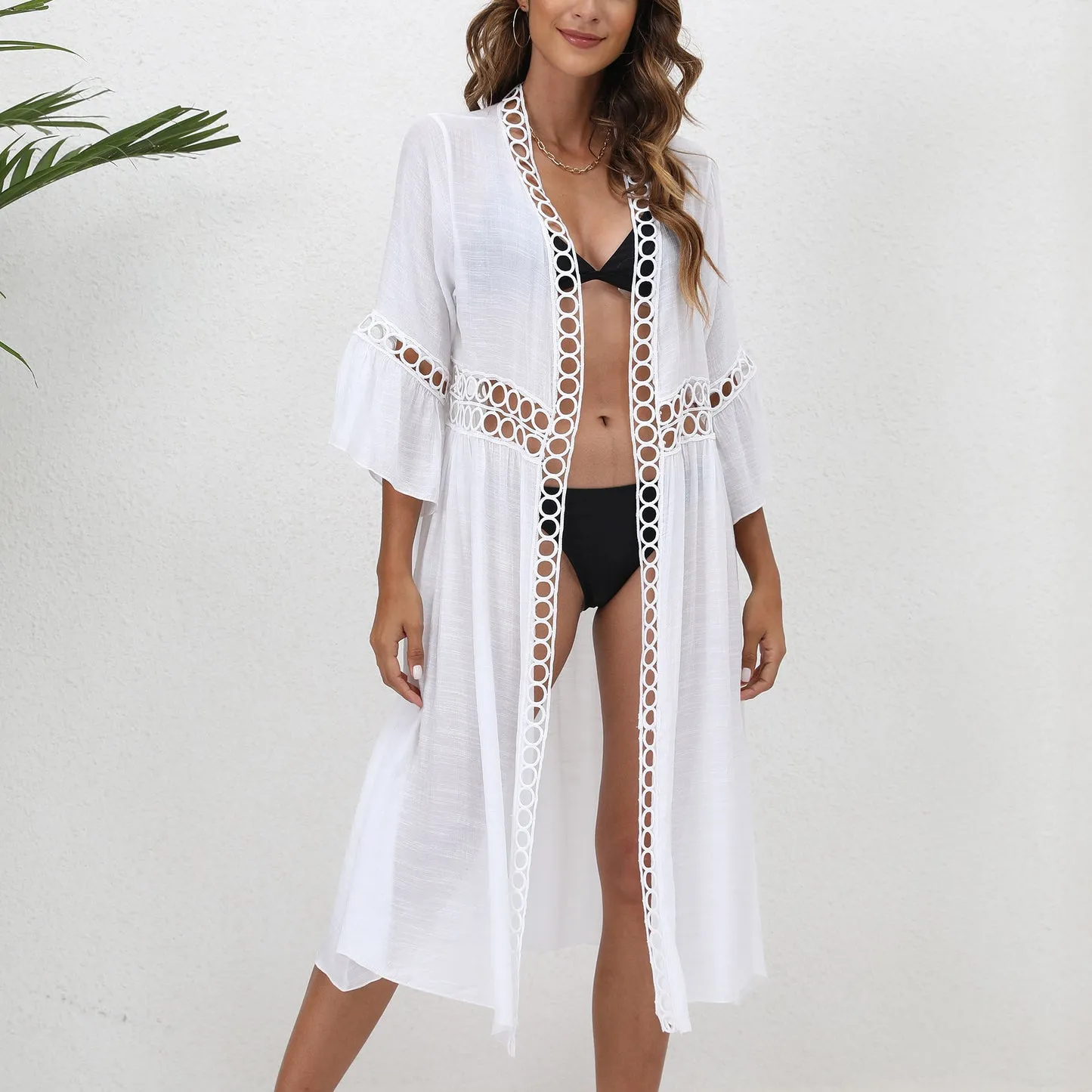 Loose 3/4 Flare Sleeve Lace Sun Protection Cardigan Bikini Cover-Up Wholesale Womens Tops