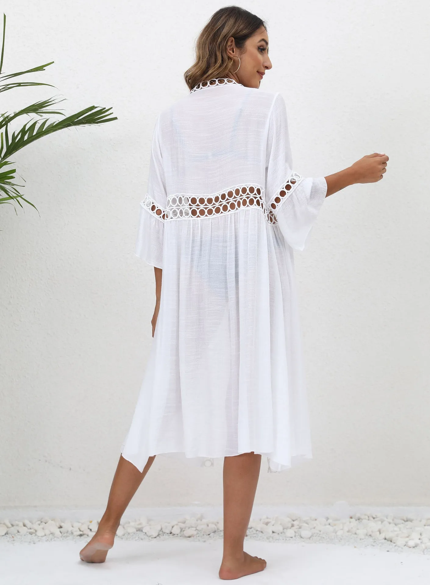 Loose 3/4 Flare Sleeve Lace Sun Protection Cardigan Bikini Cover-Up Wholesale Womens Tops