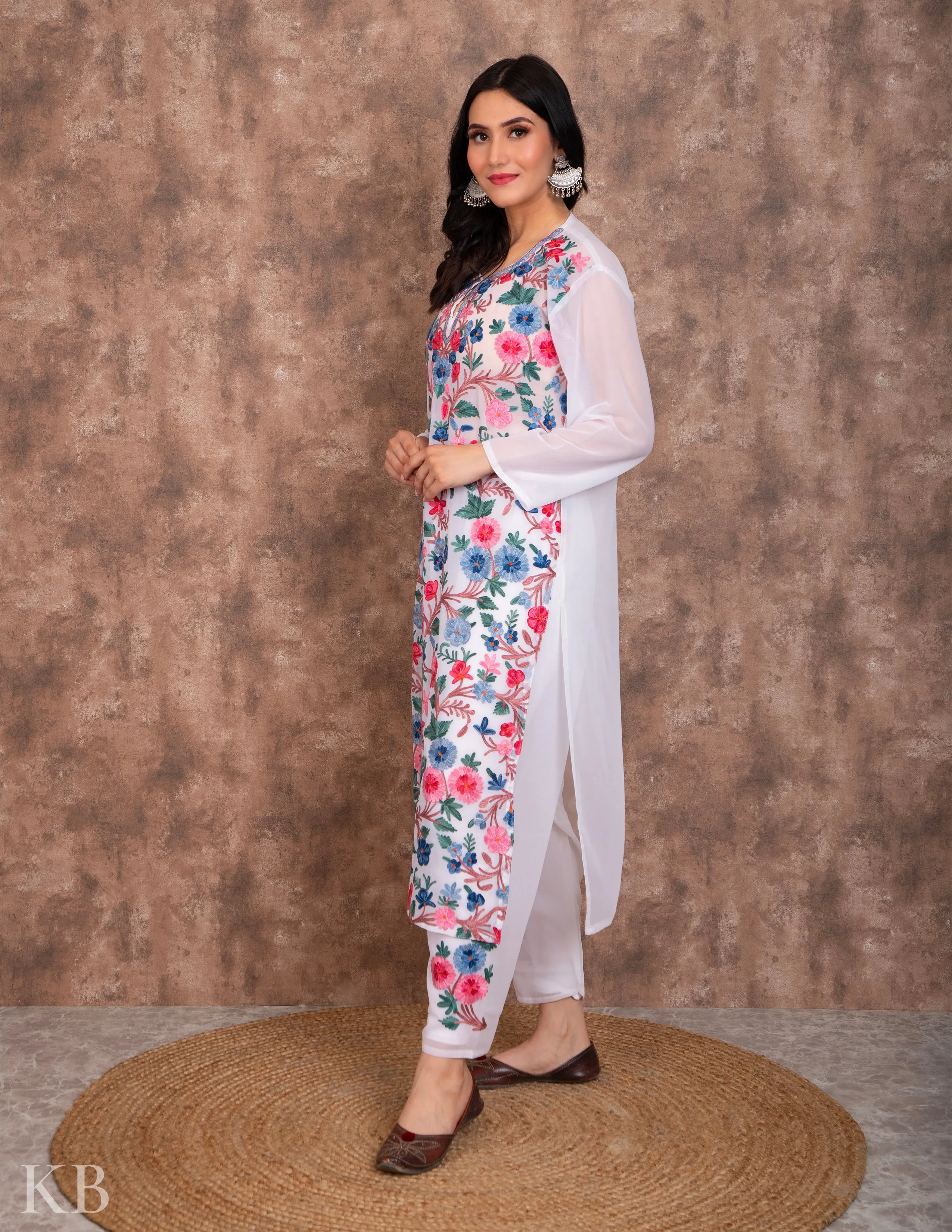 Posh Bahaar White Aari Kari Georgette Suit with Dupatta