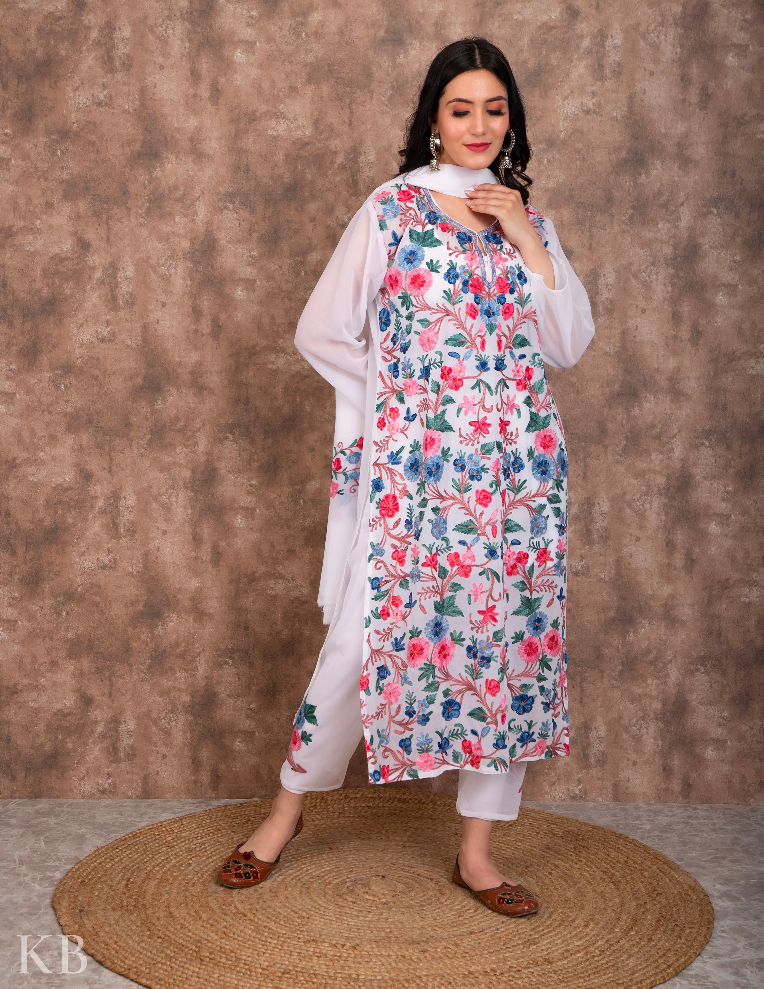Posh Bahaar White Aari Kari Georgette Suit with Dupatta