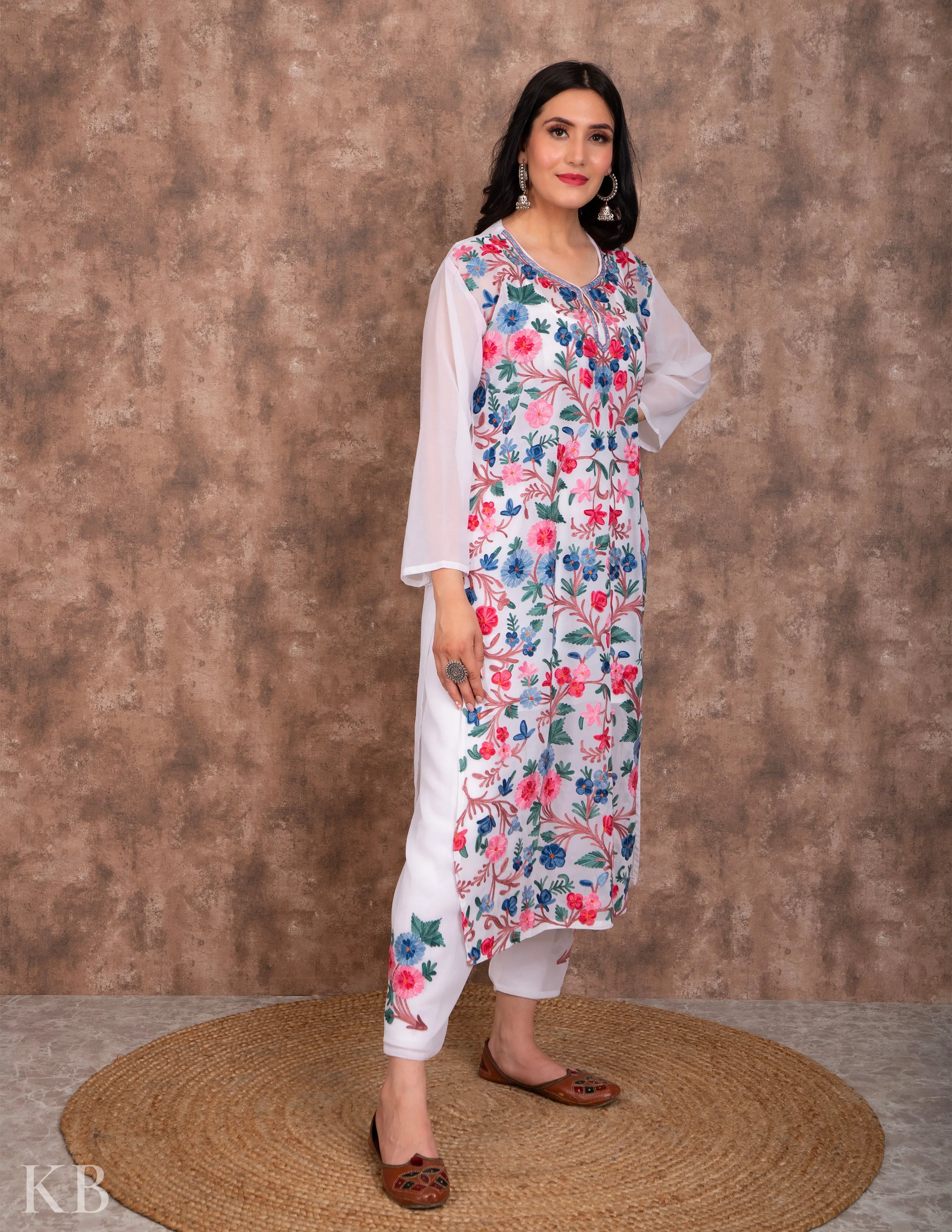 Posh Bahaar White Aari Kari Georgette Suit with Dupatta