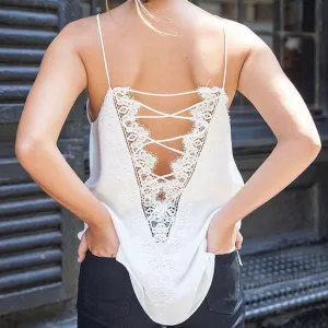 Pure Color Spaghetti Straps Lace Patchwork V-neck Vest