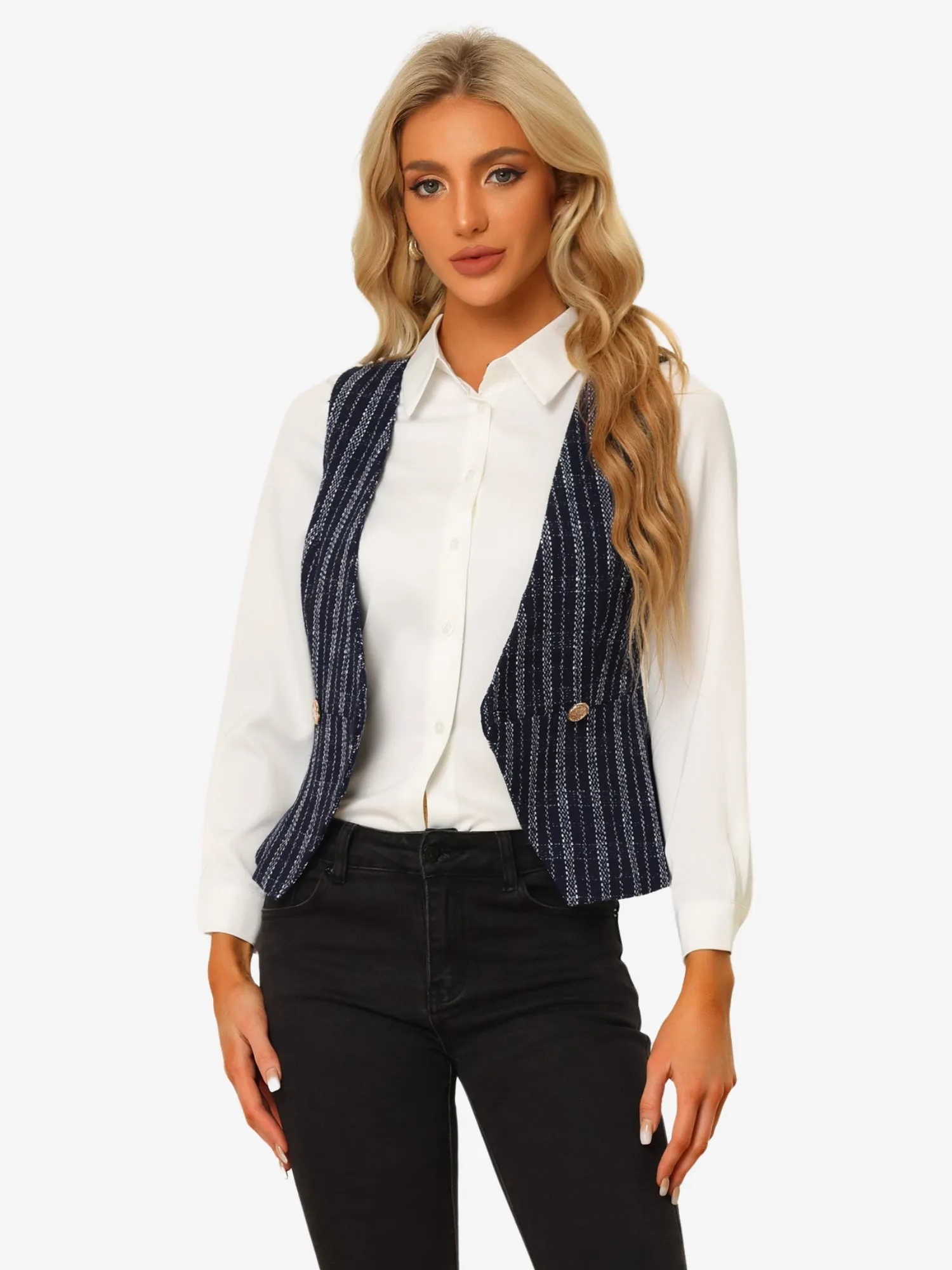 Tweed Double Breasted Sleeveless Plaid Waistcoat Jacket Vest