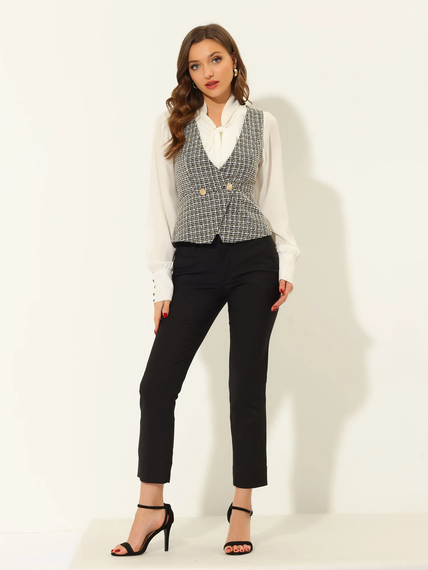 Tweed Double Breasted Sleeveless Plaid Waistcoat Jacket Vest