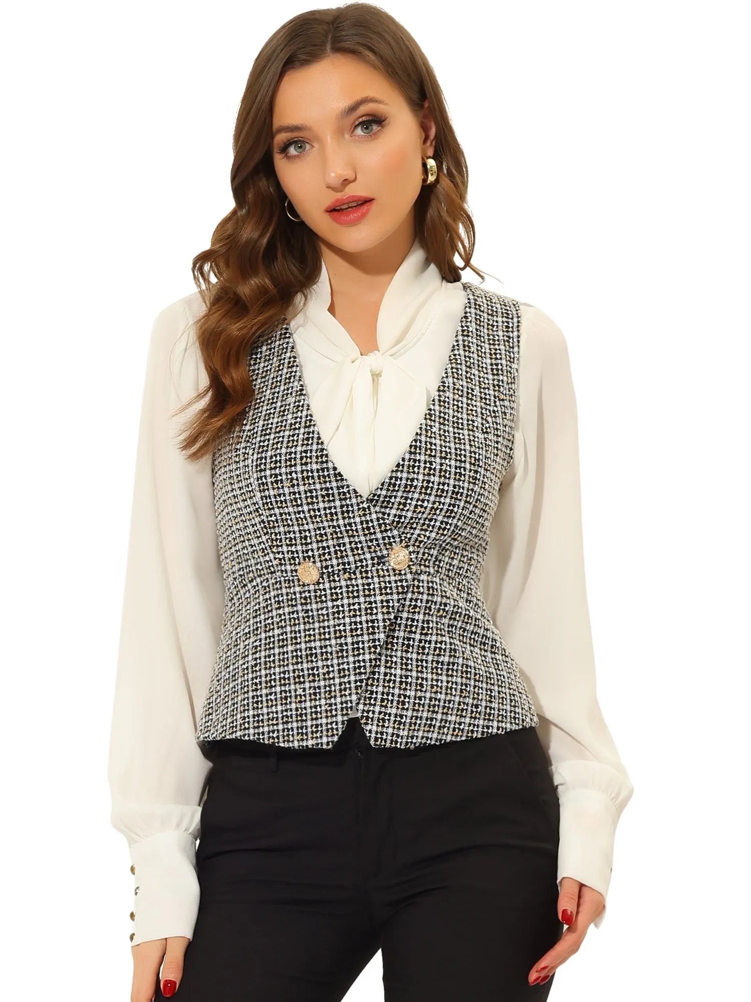 Tweed Double Breasted Sleeveless Plaid Waistcoat Jacket Vest