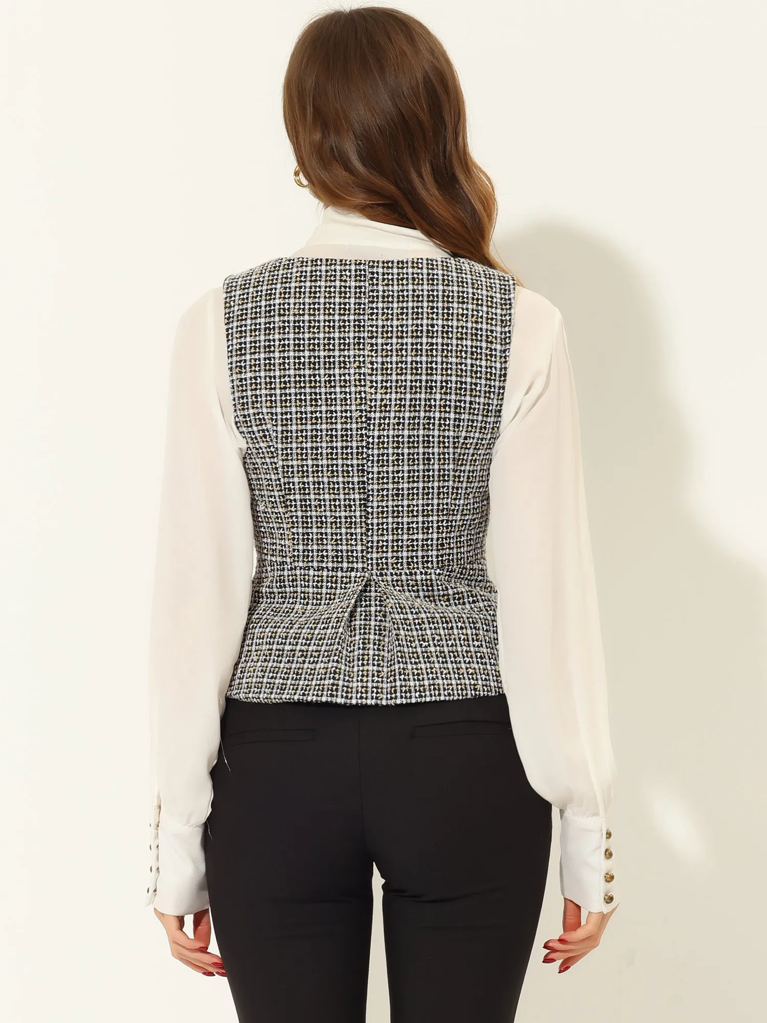 Tweed Double Breasted Sleeveless Plaid Waistcoat Jacket Vest