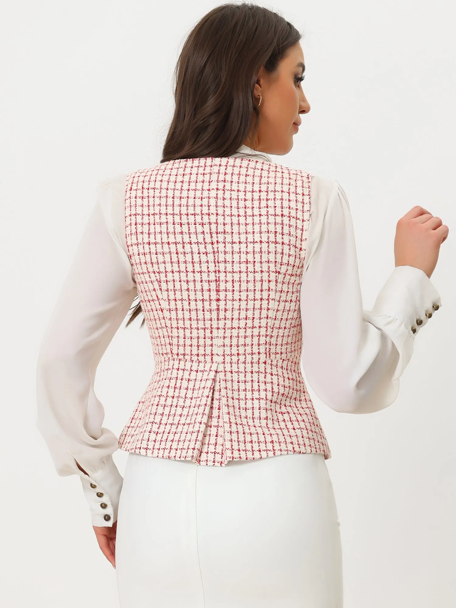 Tweed Double Breasted Sleeveless Plaid Waistcoat Jacket Vest