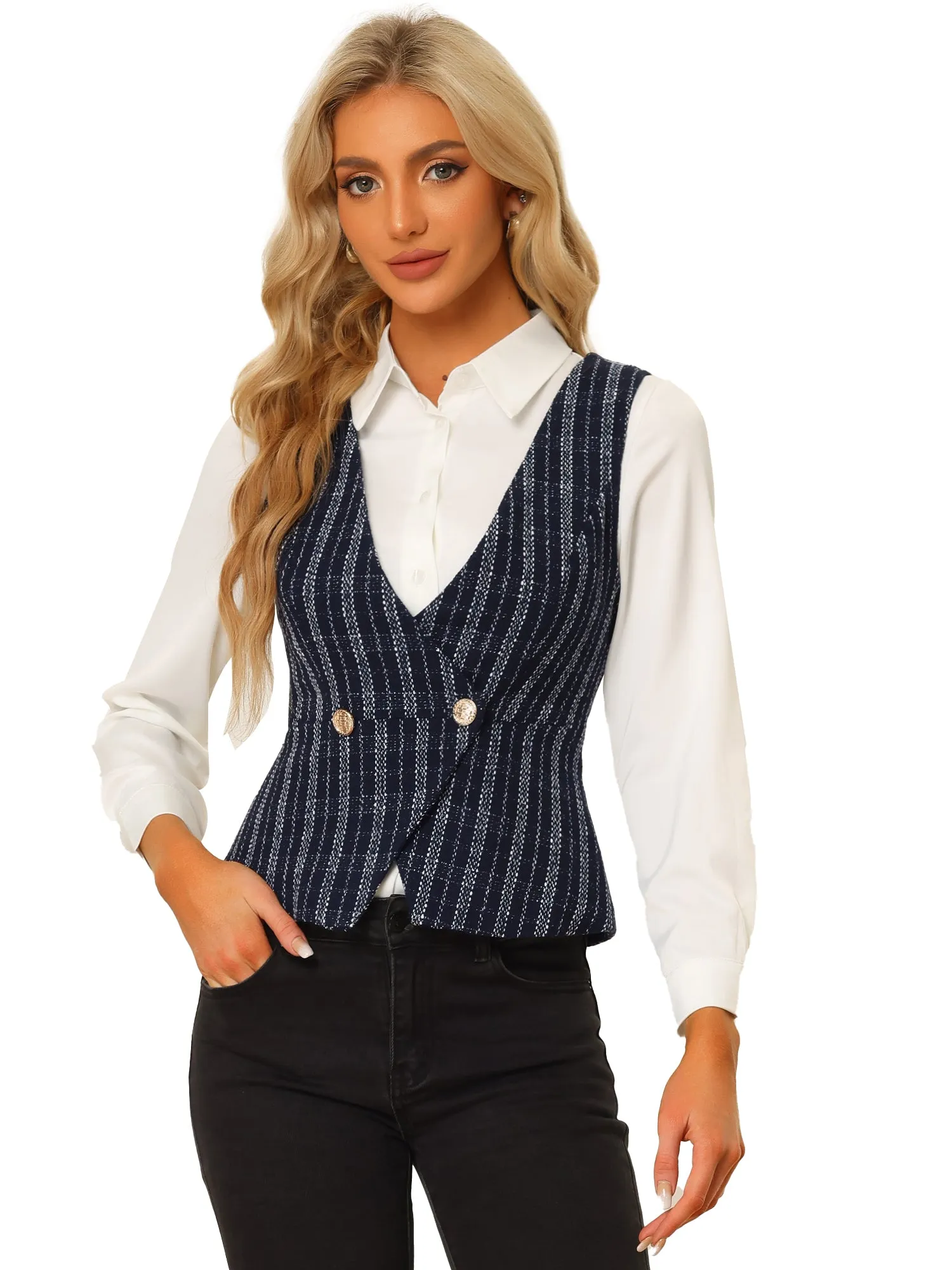 Tweed Double Breasted Sleeveless Plaid Waistcoat Jacket Vest