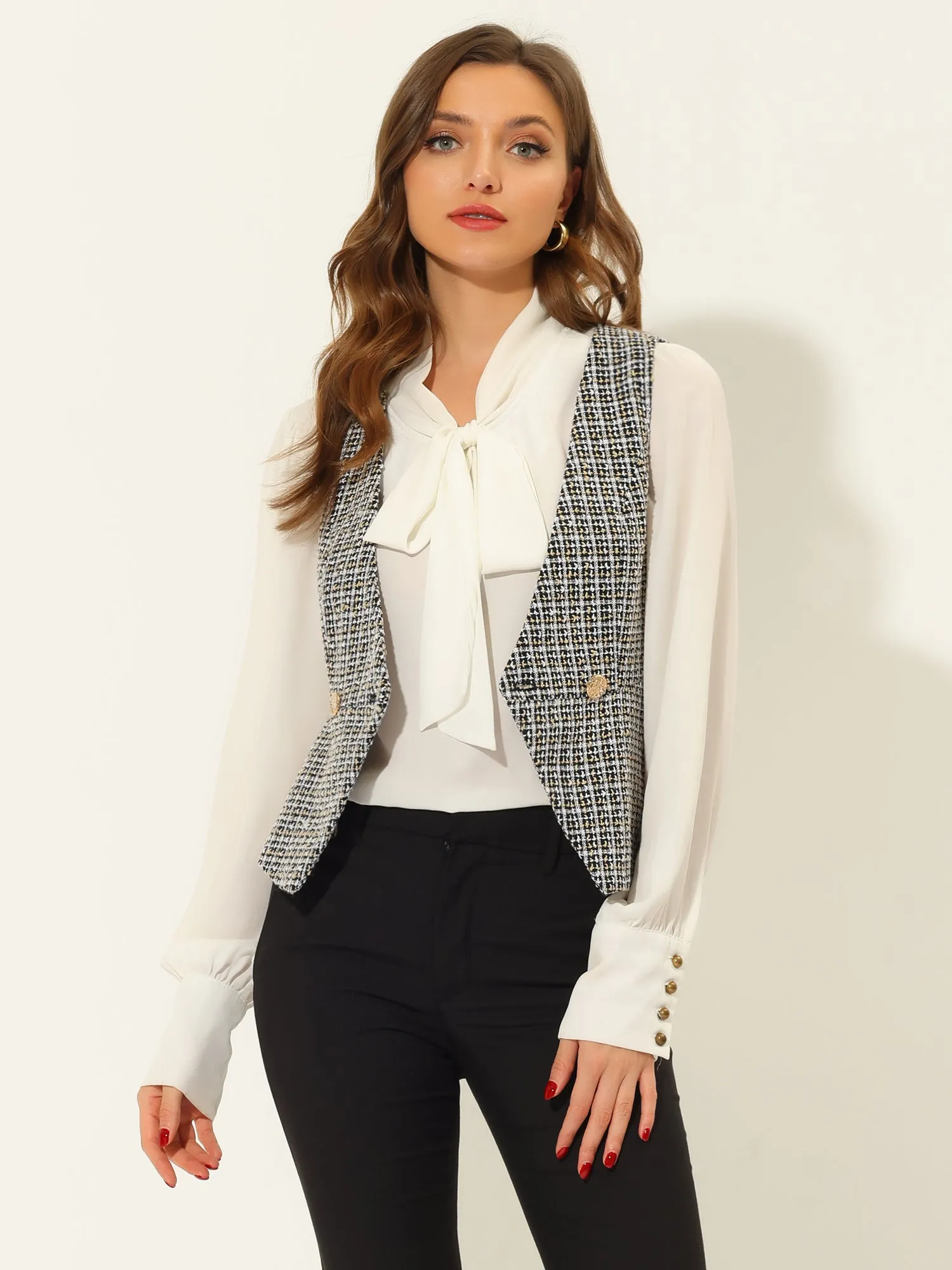 Tweed Double Breasted Sleeveless Plaid Waistcoat Jacket Vest