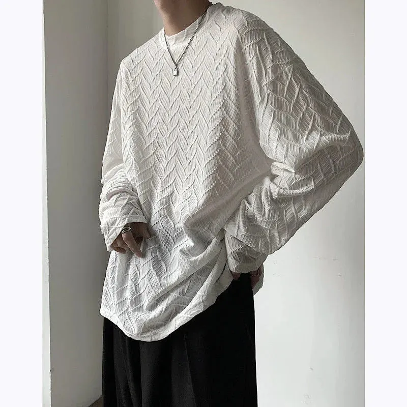 xiangtuibao Men's Pleated Loose Pullover Long Sleeve Hoodies Cotton Casual Oversized Sweatshirts Thin Top Clothes Round Neck Coats