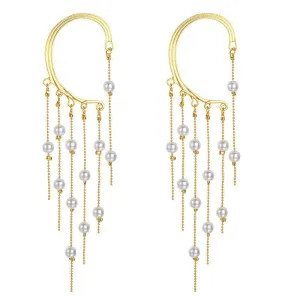 Yellow Chimes Earrings For Women Gold Tone Earcuffs With Linear Pearl Studded Tassel Chain Earrings For Women and Girls