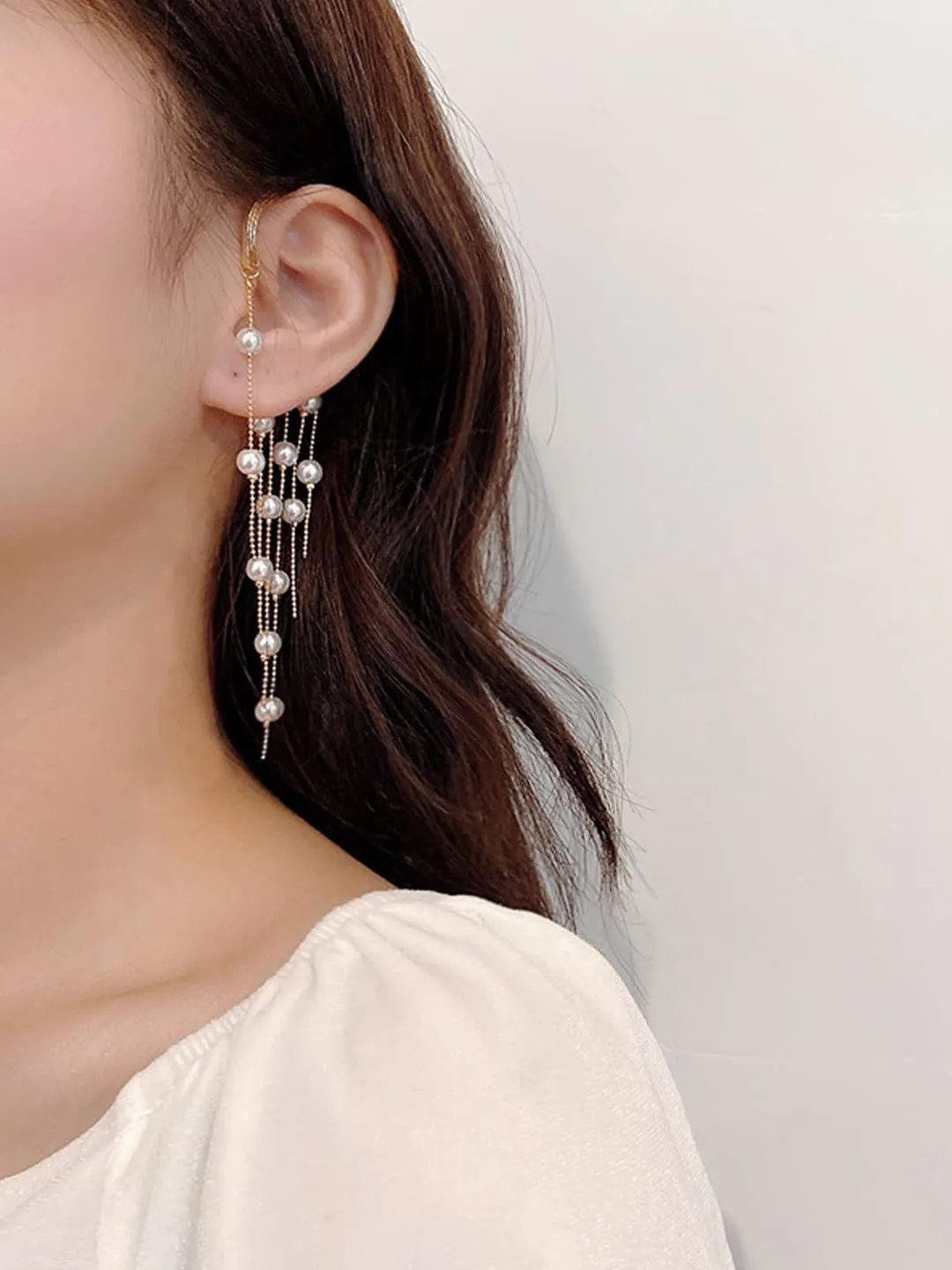 Yellow Chimes Earrings For Women Gold Tone Earcuffs With Linear Pearl Studded Tassel Chain Earrings For Women and Girls