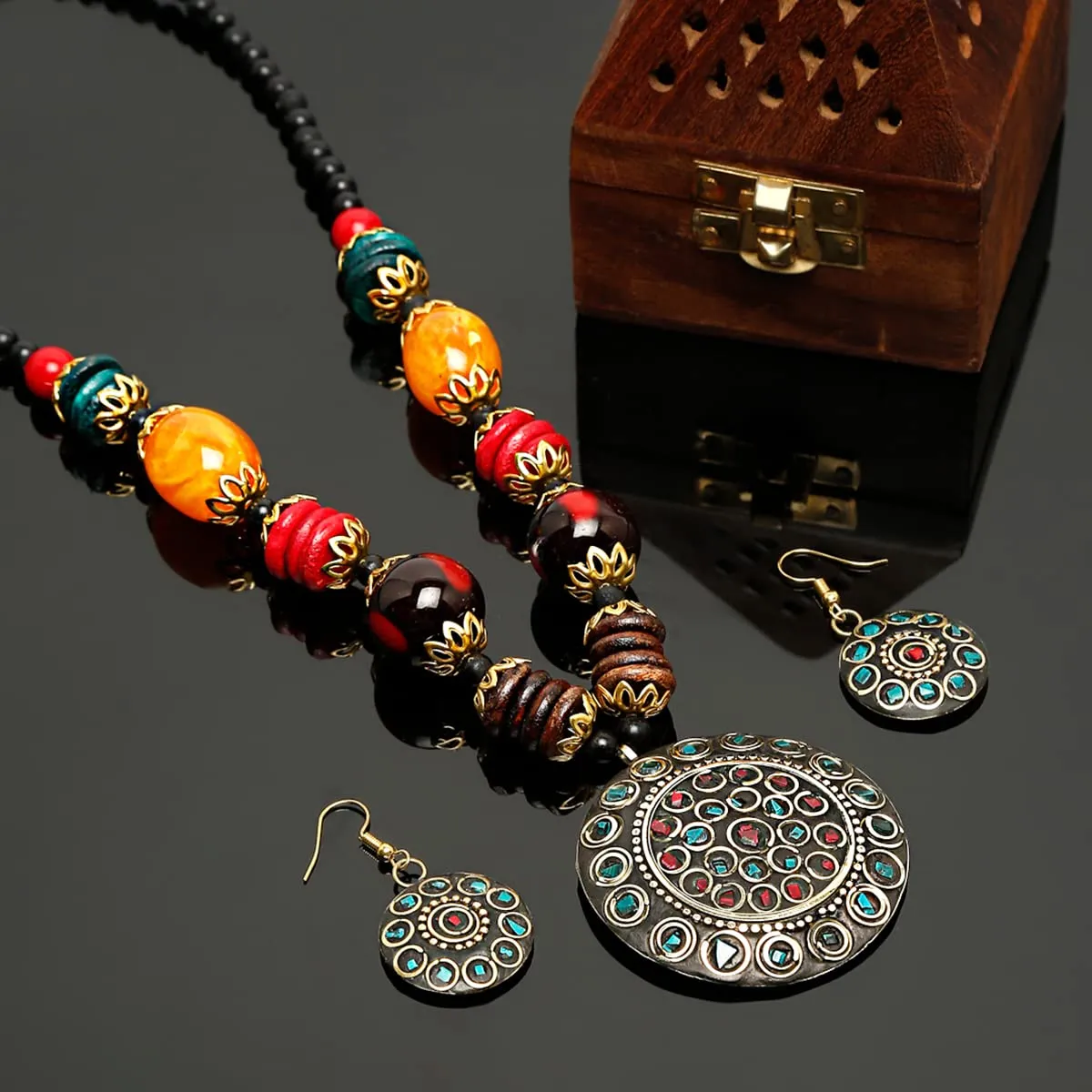 Yellow Chimes Jewellery Set for Women Traditional Silver Oxidised Jewellery Set Multicolor Necklace Set| Beads Oxidized Necklace Set | Birthday Gift For Girls & Women Anniversary Gift for Wife