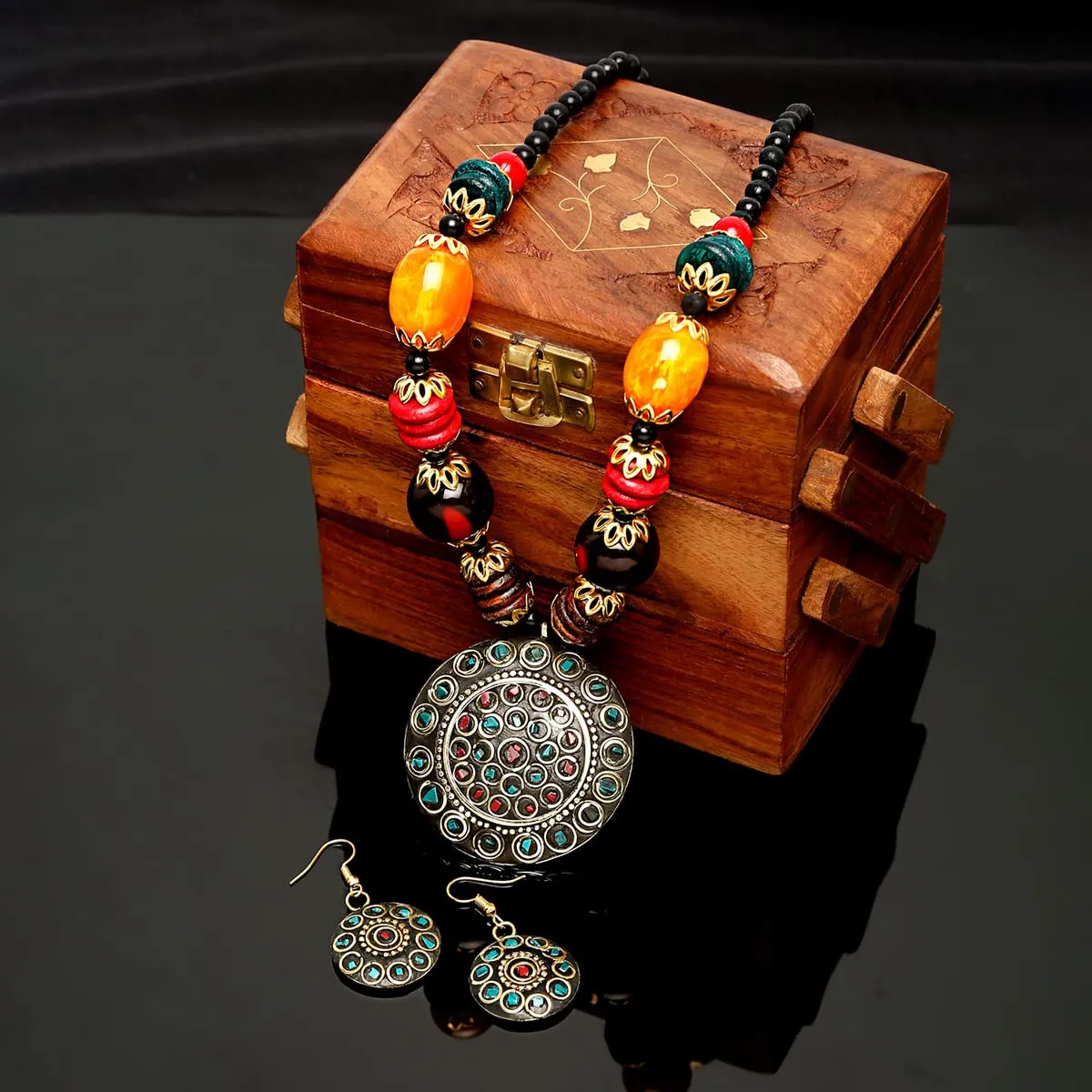 Yellow Chimes Jewellery Set for Women Traditional Silver Oxidised Jewellery Set Multicolor Necklace Set| Beads Oxidized Necklace Set | Birthday Gift For Girls & Women Anniversary Gift for Wife