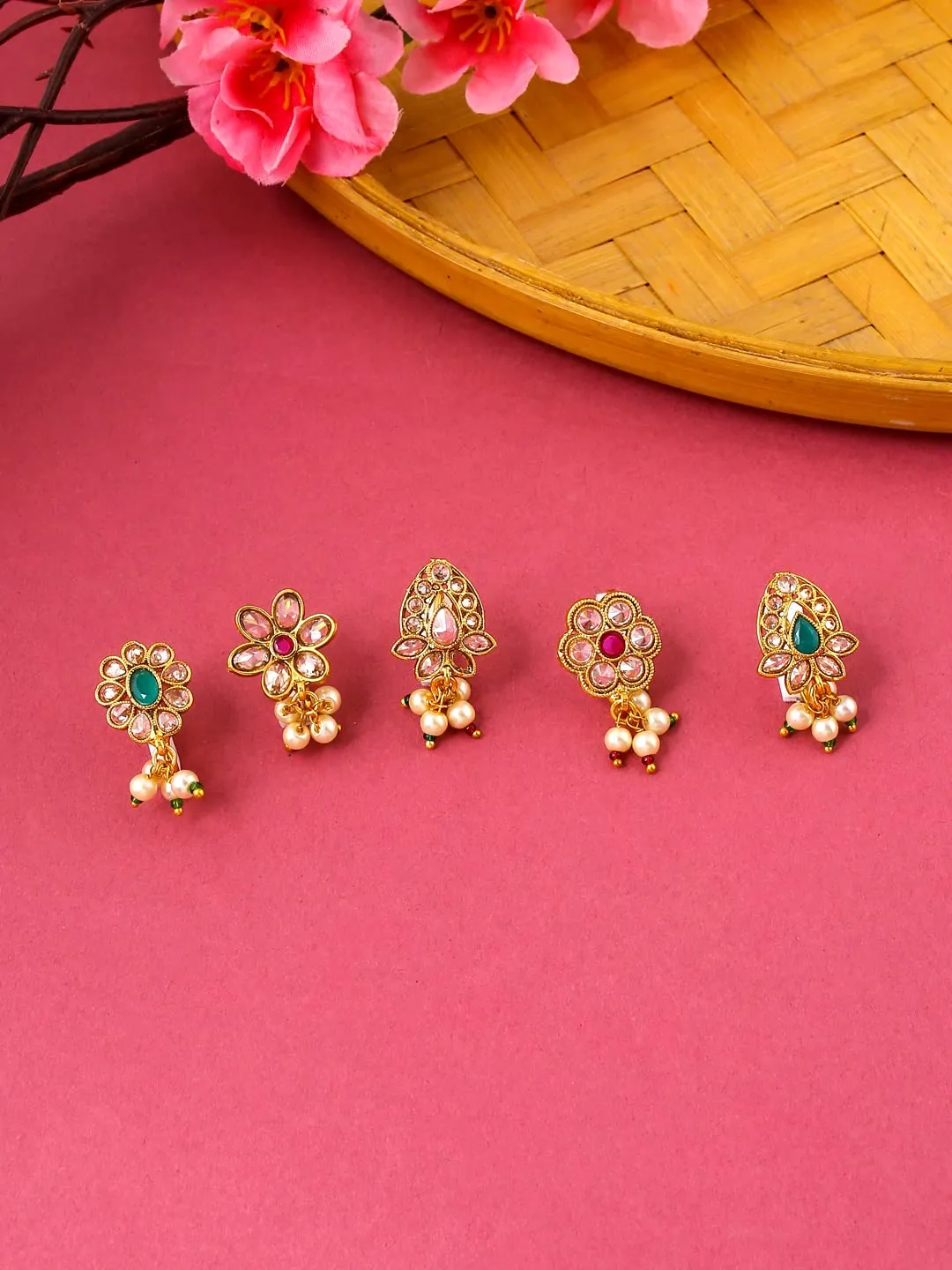 Yellow Chimes Nose Pins for Women Gold Toned Pressing/Non Piercing Crystal Studded Combo of 5 Pcs Floral Designed Nose Pins for Women and Girls