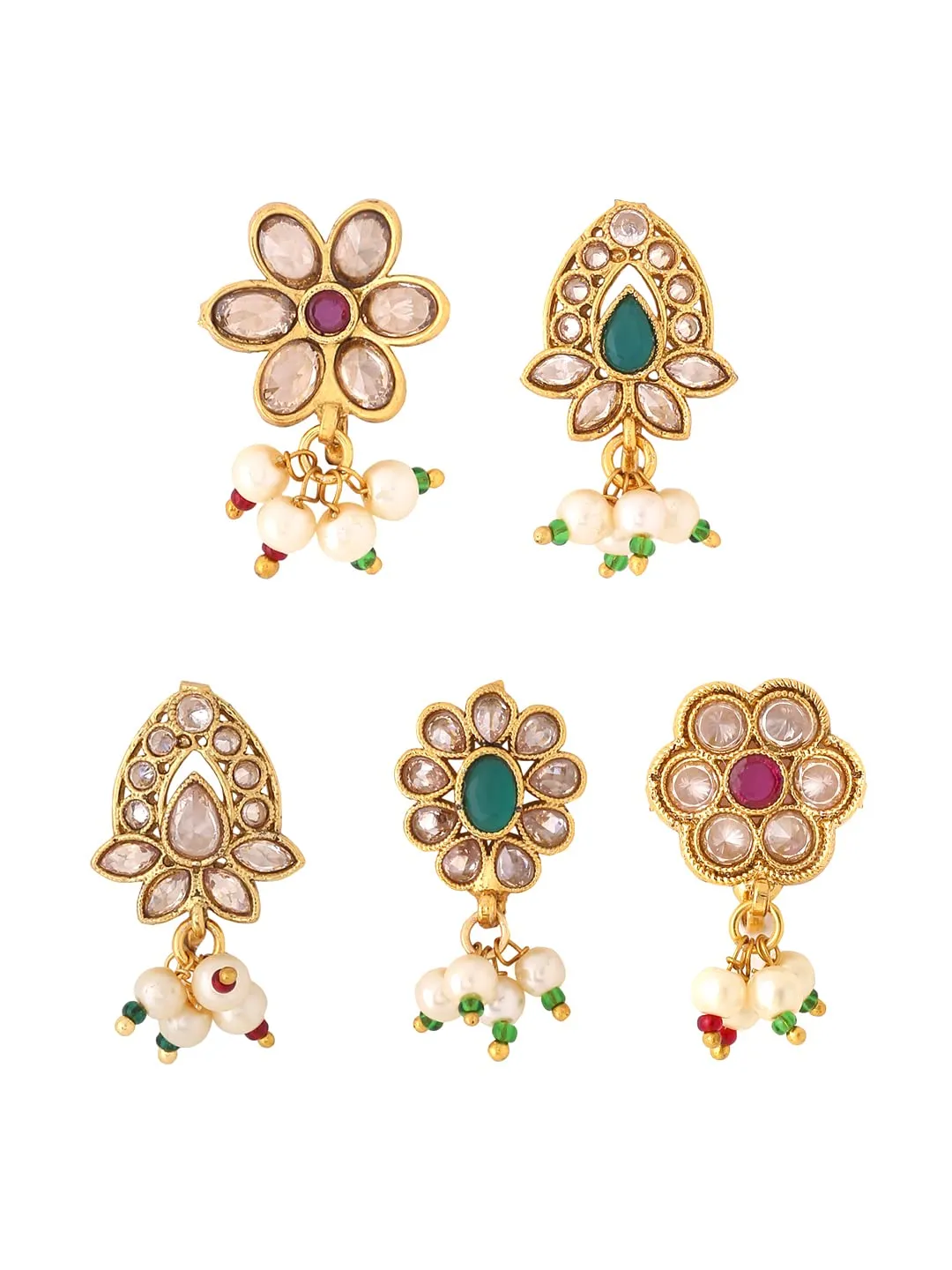 Yellow Chimes Nose Pins for Women Gold Toned Pressing/Non Piercing Crystal Studded Combo of 5 Pcs Floral Designed Nose Pins for Women and Girls