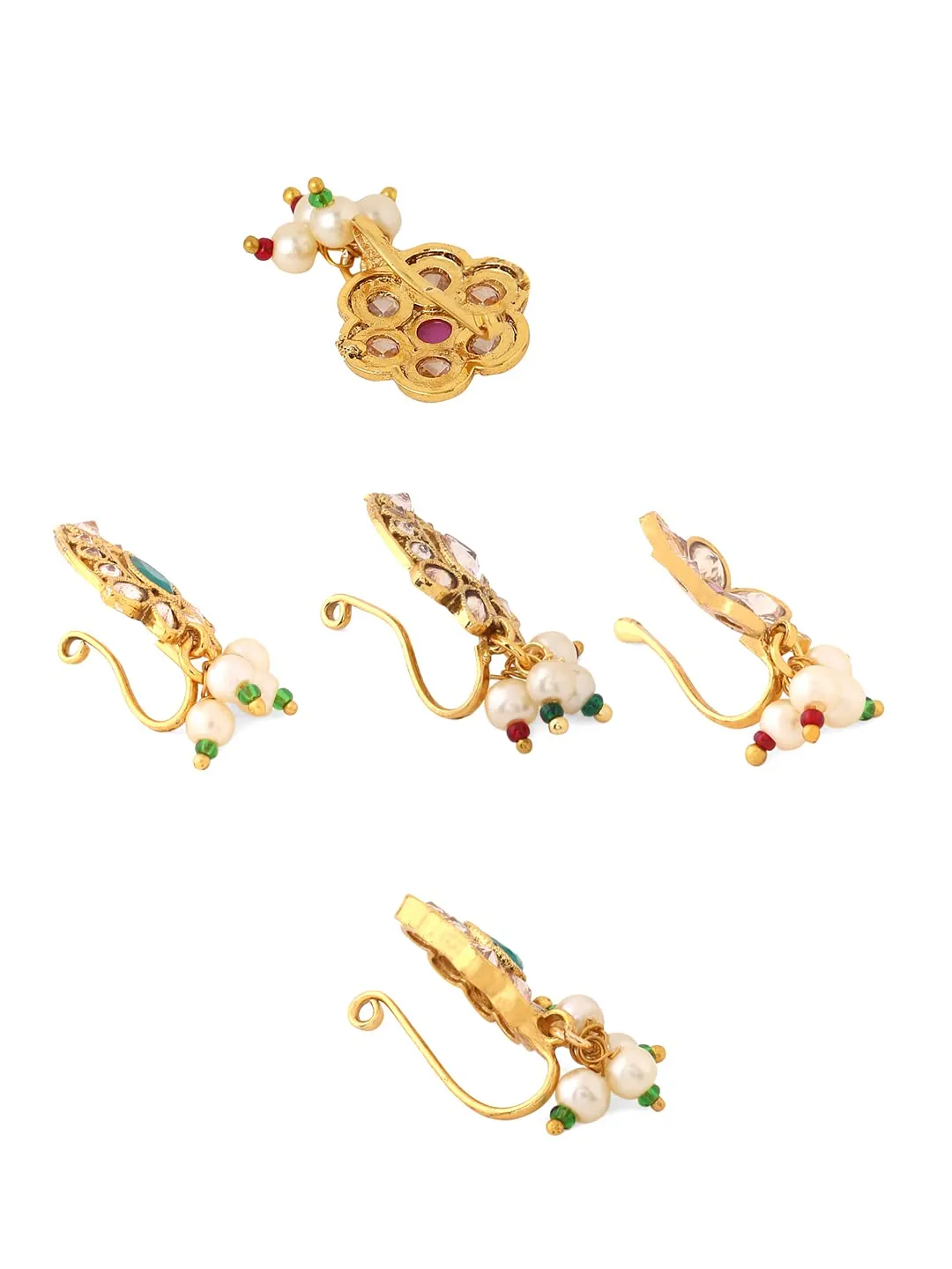 Yellow Chimes Nose Pins for Women Gold Toned Pressing/Non Piercing Crystal Studded Combo of 5 Pcs Floral Designed Nose Pins for Women and Girls